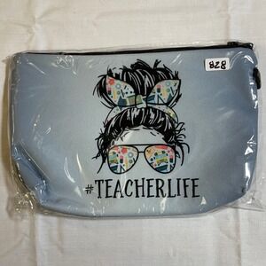 The Pouch Cosmetic Bag Women Small Blue NEW #TeacherLife Messy Bun Graphic
